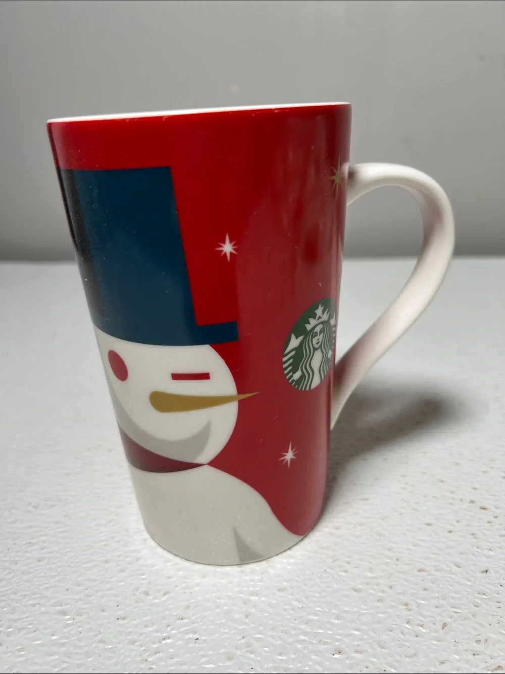 2012 Starbucks Red and White Snowman Ceramic Mug with Green Logo Set 2